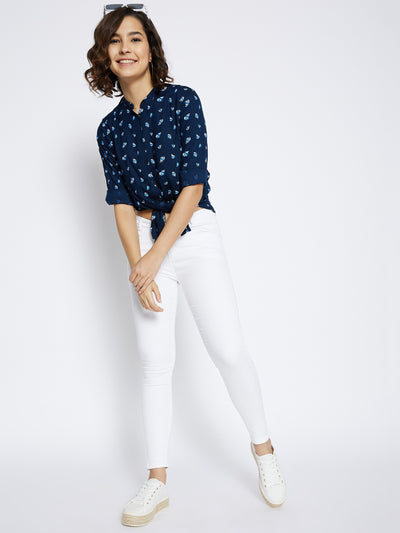 Navy Blue Printed Slim Fit shirt - Women Shirts