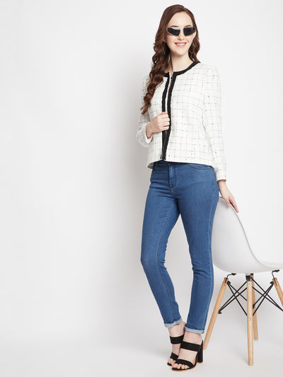 White Checked Round Neck Blazer - Women Blazer