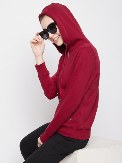 Crimsoune Club Women Maroon Solid Hooded Sweatshirt-Women Sweat Shirts-Crimsoune Club