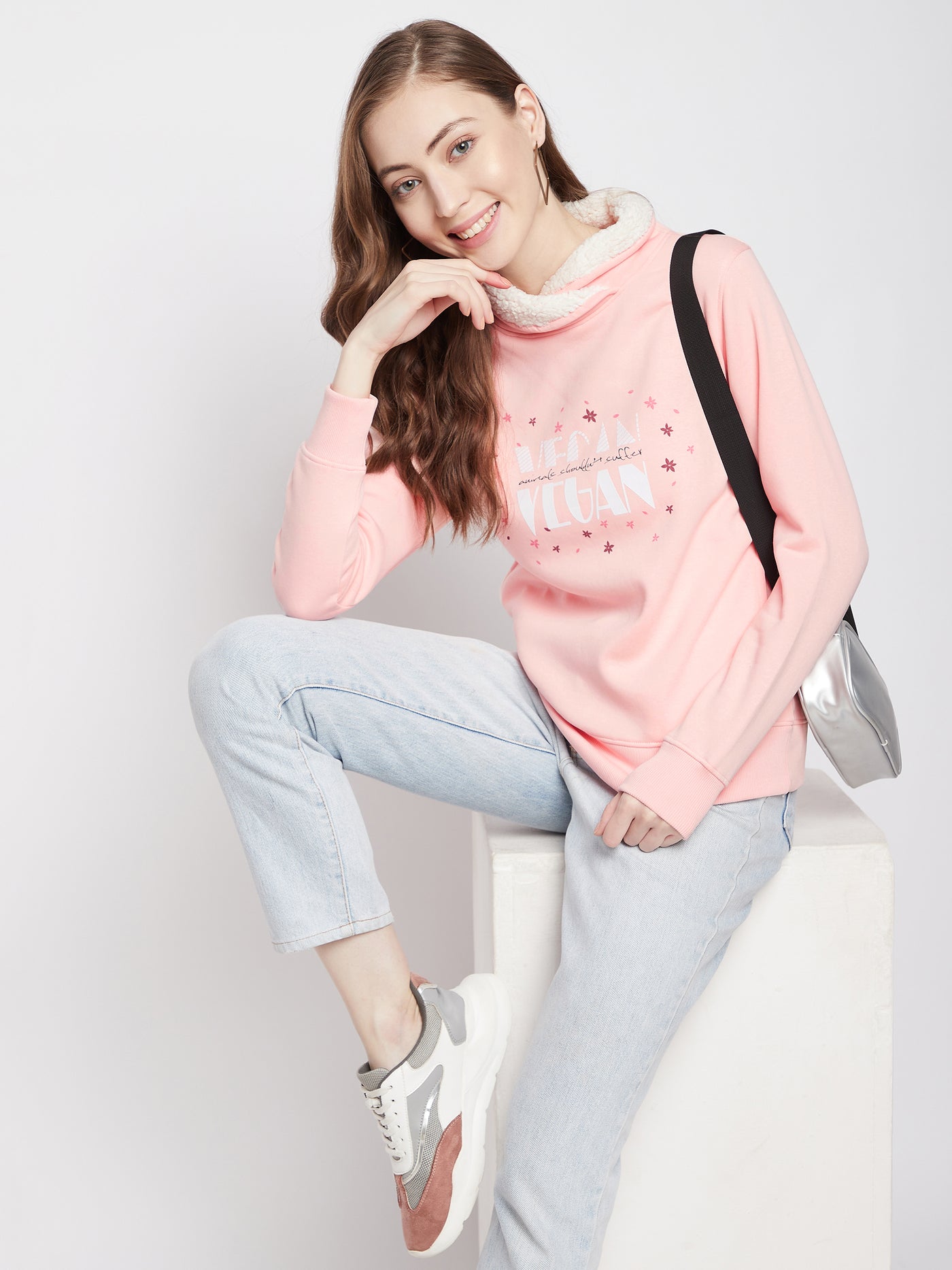 Pink Printed Turtle Neck Sweatshirt - Women Sweatshirts