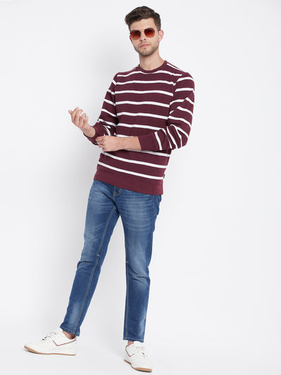 Maroon Striped Round Neck Sweatshirt - Men Sweatshirts