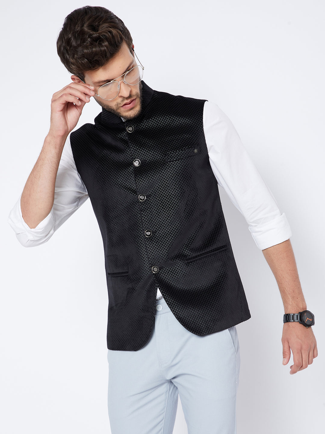 Black Printed Mandarin Waistcoat - Men Waist Coat