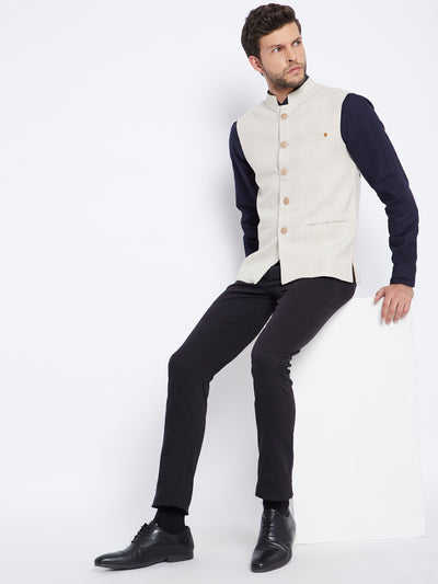 Beige Self Design Waistcoat - Men Waist Coat