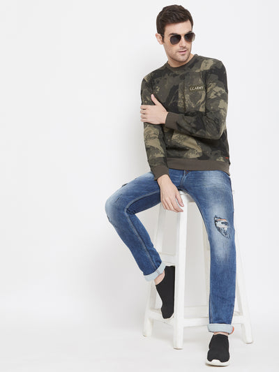 Olive Printed Round Neck Sweatshirt - Men Sweatshirts