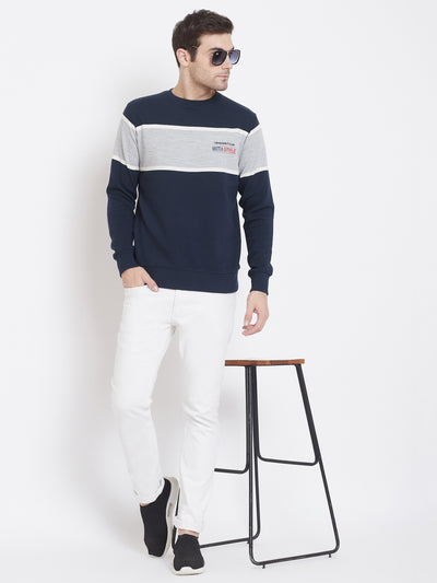 Navy Blue Colorblocked Round Neck Sweatshirt - Men Sweatshirts