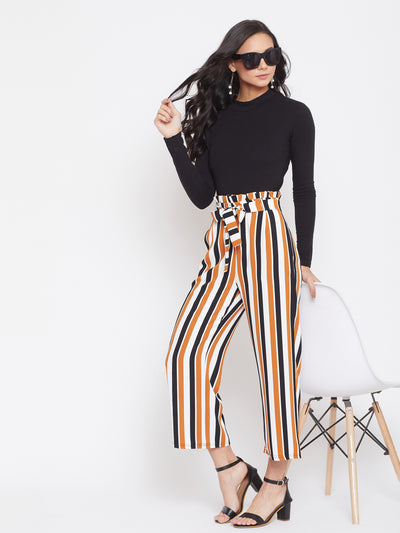 Striped Paperbag Trouser with Belt - Women Trousers