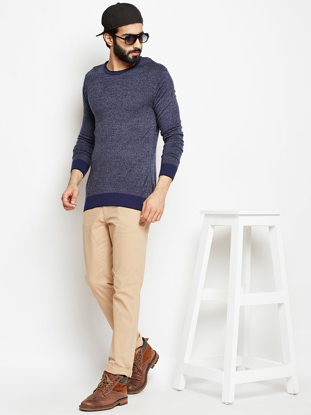 Blue Solid Round Neck Sweaters-Men Sweaters-Crimsoune Club