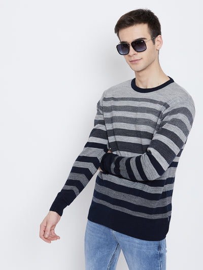 Navy Blue Striped Round Neck Sweater - Men Sweaters