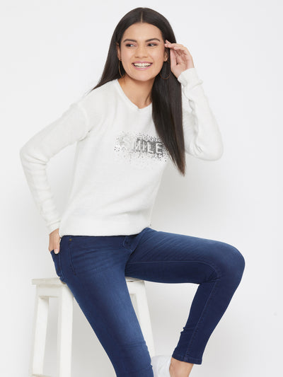 White Self Design Round Neck Sweater - Women Sweaters