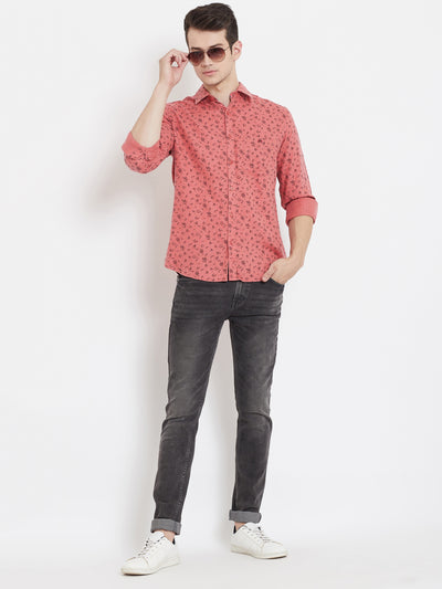 Pink Printed Spread Collar Slim Fit Shirt - Men Shirts