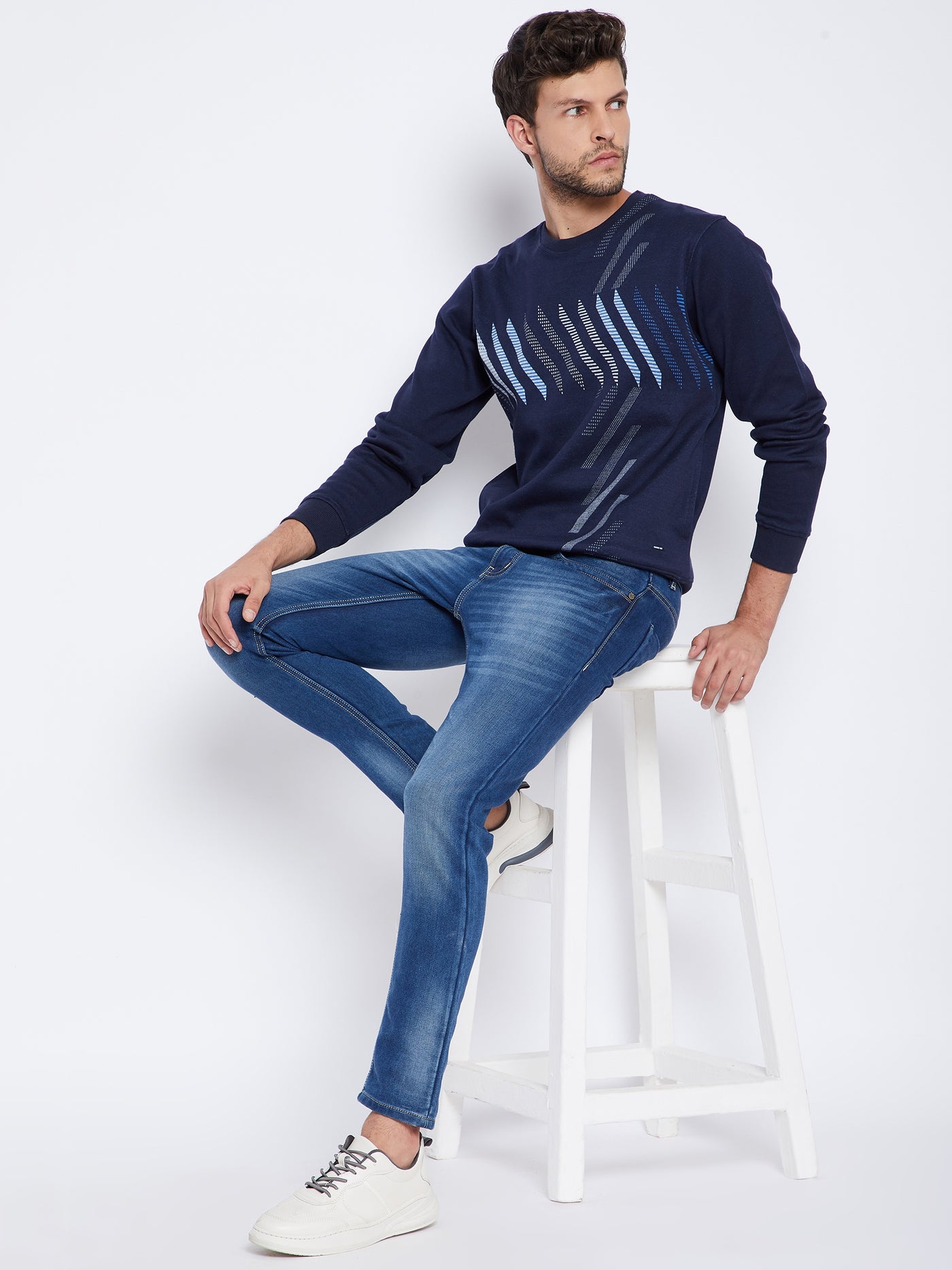 Navy Blue Printed Round Neck Sweatshirt - Men Sweatshirts