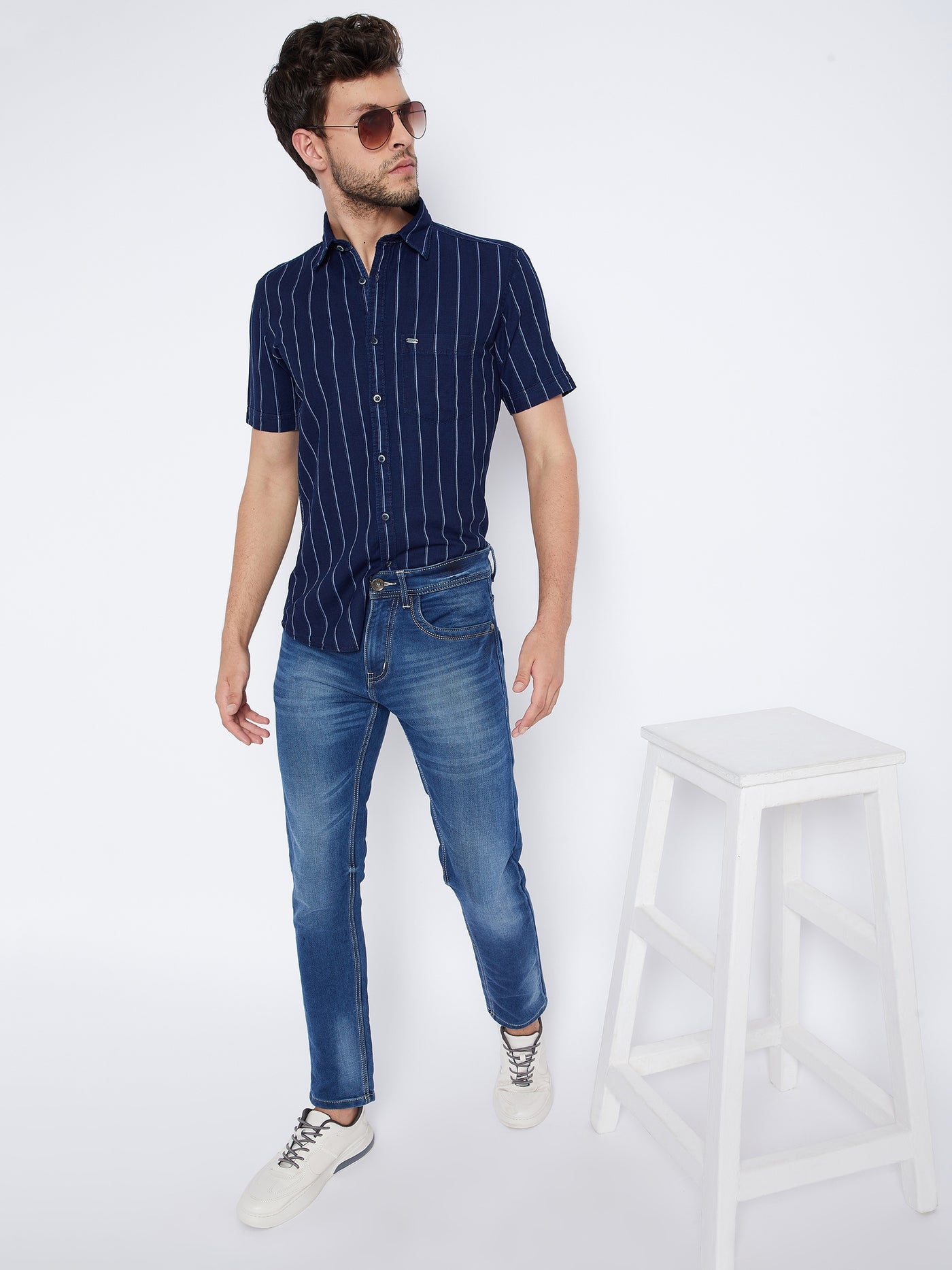 Navy Blue Striped Denim Shirt - Men Shirts