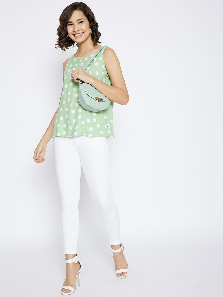 Mint Green Polka Dots Printed Tank Top - Women Tops