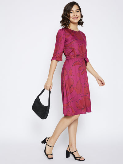 Maroon Floral Print A-line Dress - Women Dresses