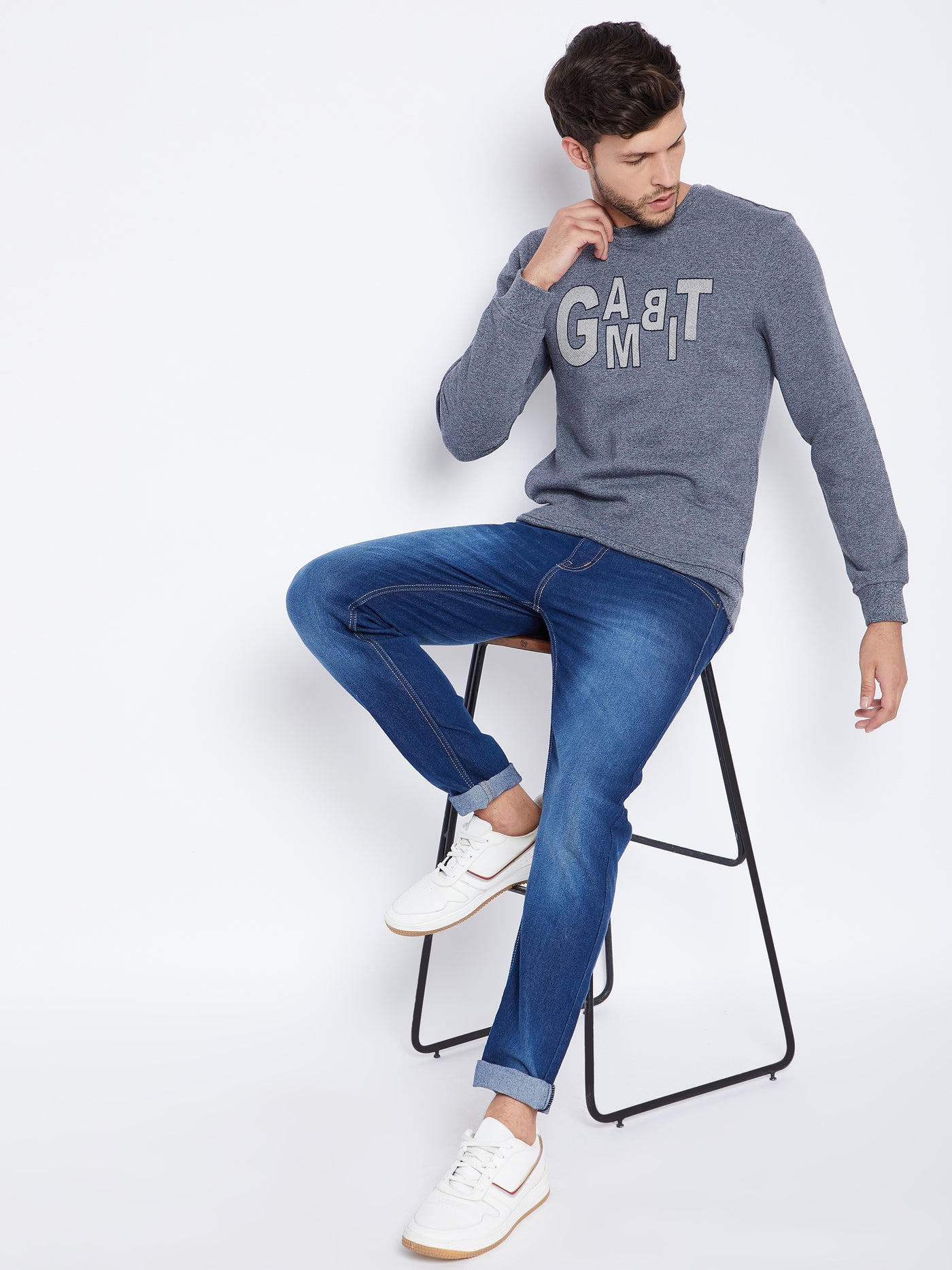 Blue Printed Round Neck Sweatshirt - Men Sweatshirts