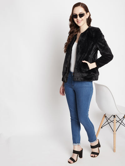 Black Round Neck Fur Blazer - Women Blazer