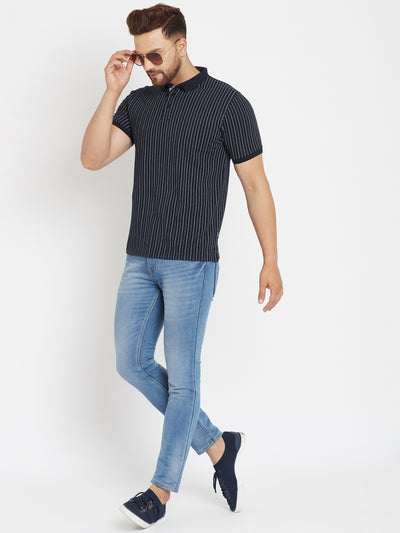 Navy Blue Striped Polo T-Shirt - Men T-Shirts