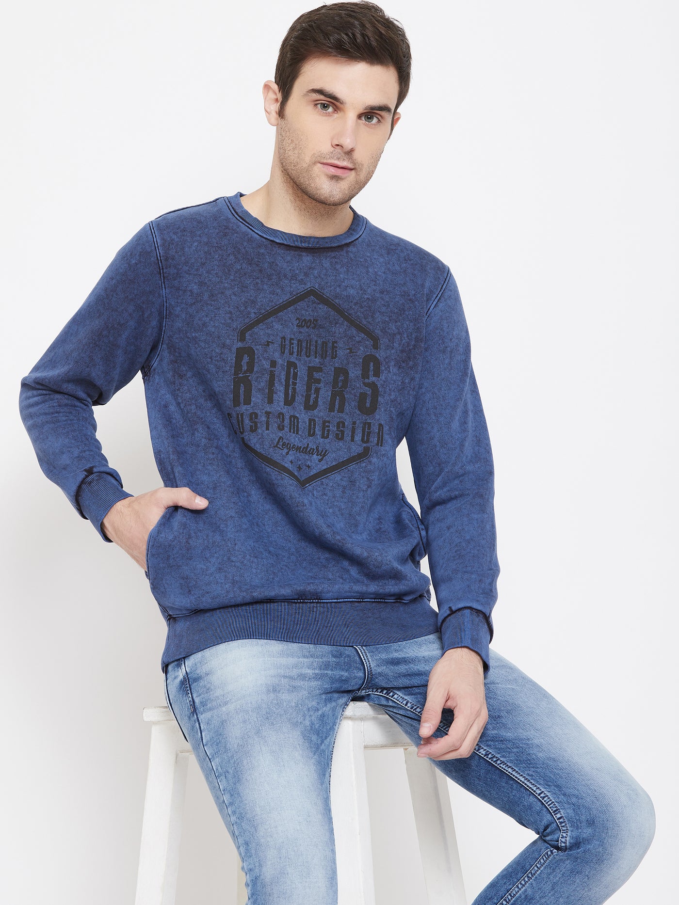 Blue Printed Round Neck Sweatshirt - Men Sweatshirts