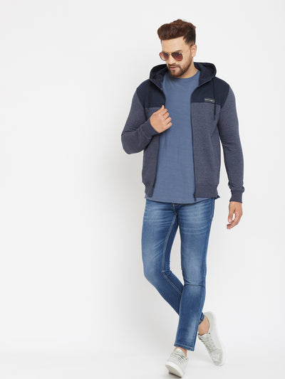 Blue Colorblocked Hooded Sweatshirt - Men Sweatshirts