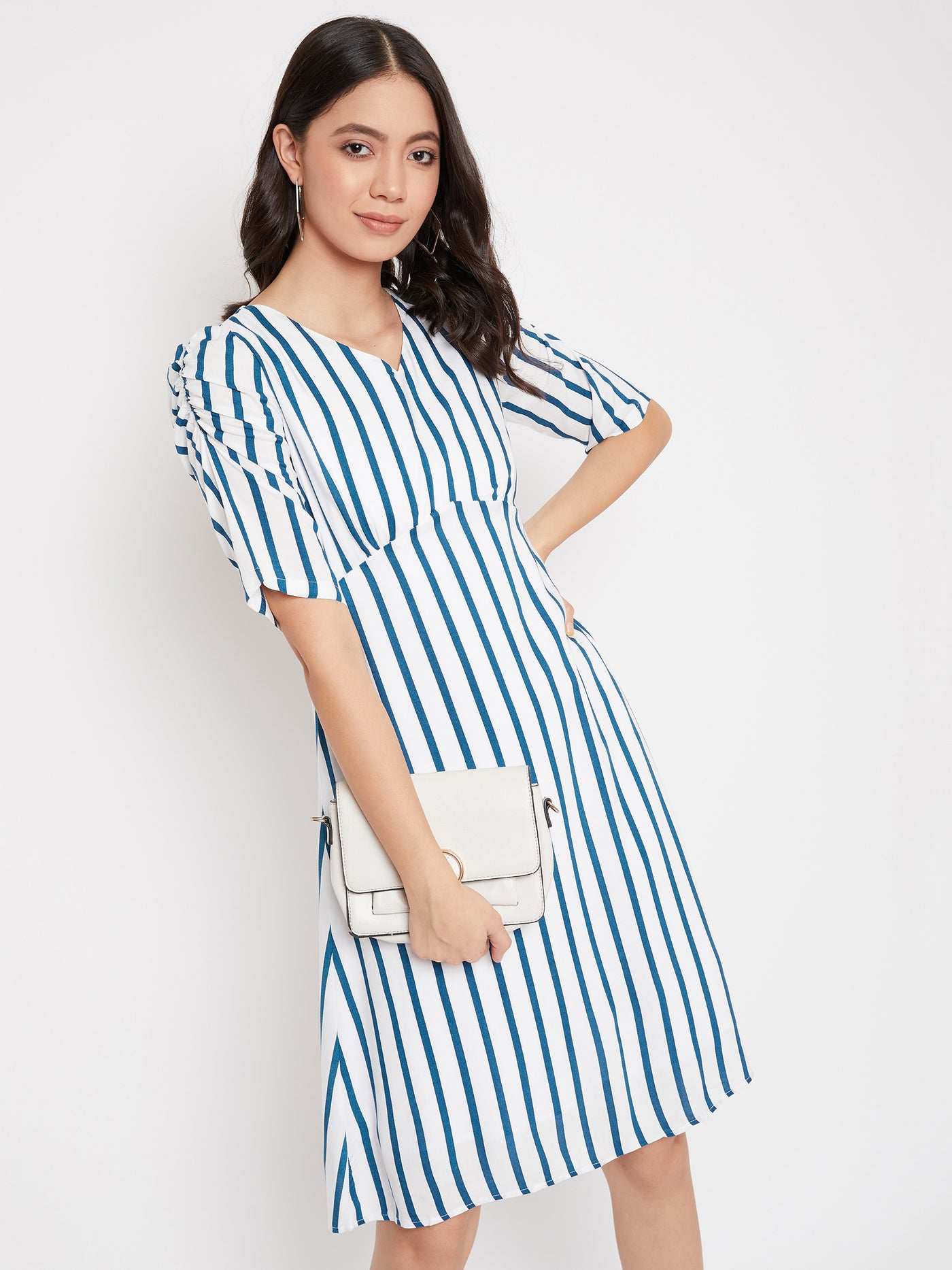 Blue and White Striped Empire Dress - Women Dresses