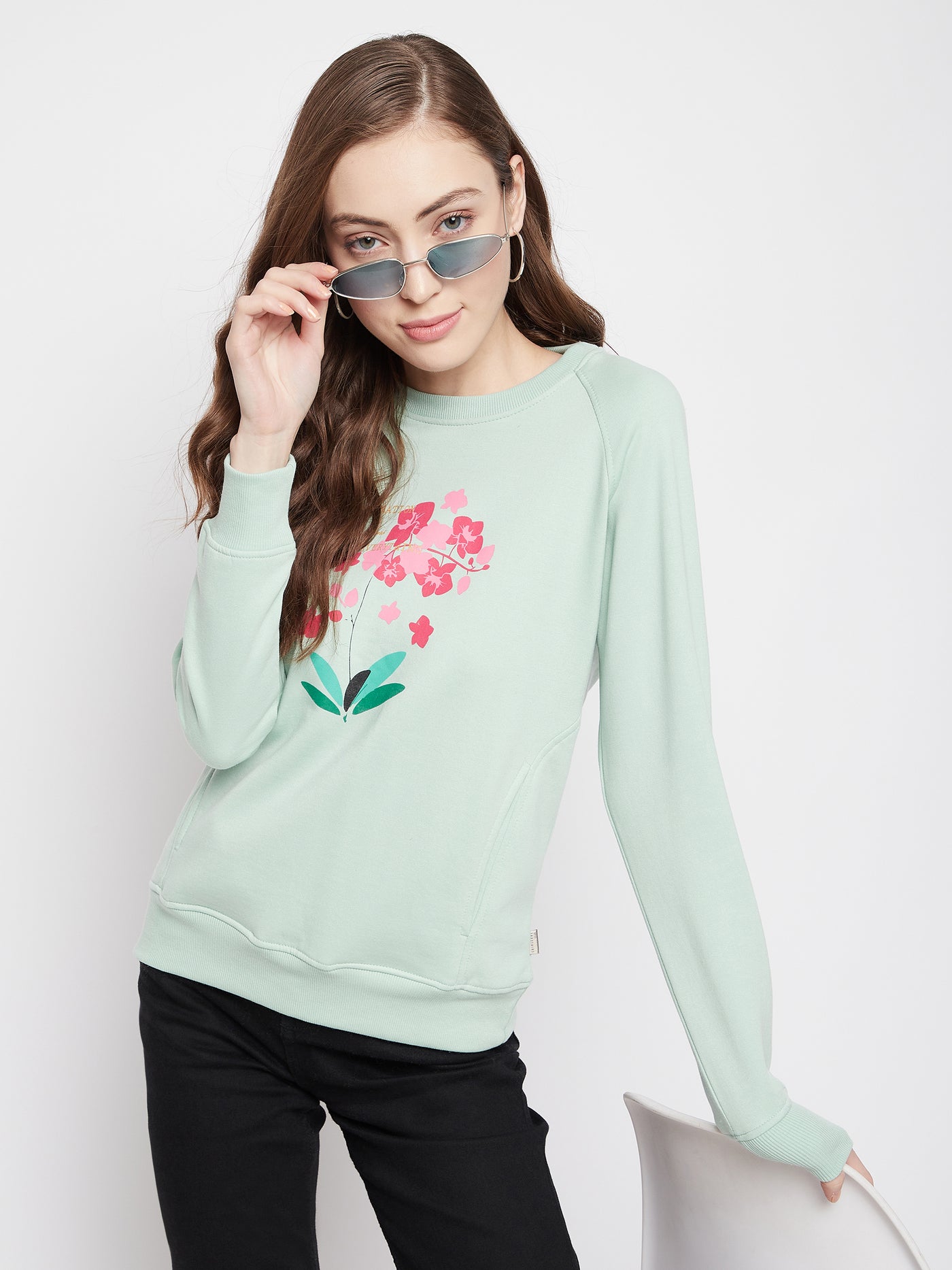 Mint Green Floral Round Neck Sweatshirt - Women Sweatshirts
