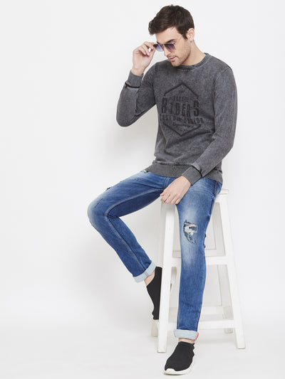 Grey Printed Round Neck Sweatshirt - Men Sweatshirts