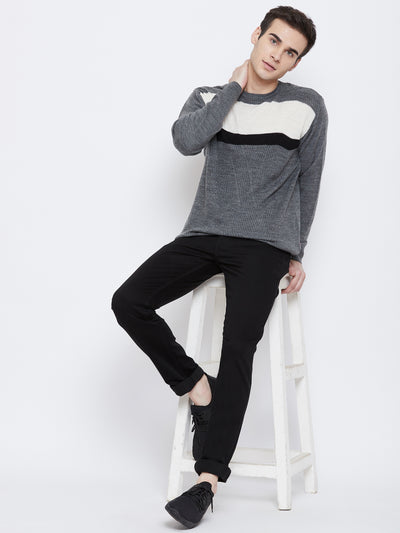 Grey Colorblocked Round Neck Sweater - Men Sweaters