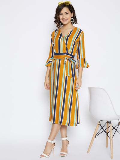 Mustard Striped Wrap Dress - Women Dresses