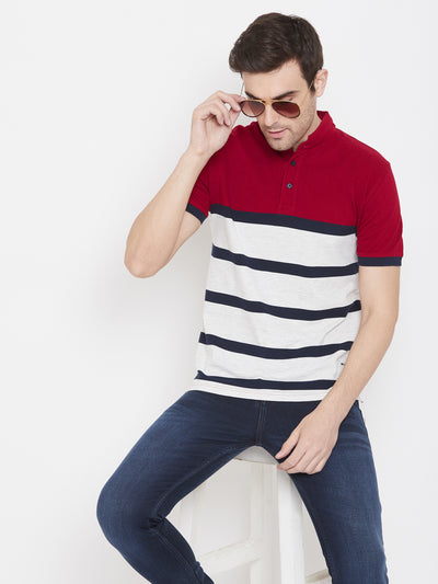 Red Striped Mandarin Neck T-Shirt - Men T-Shirts