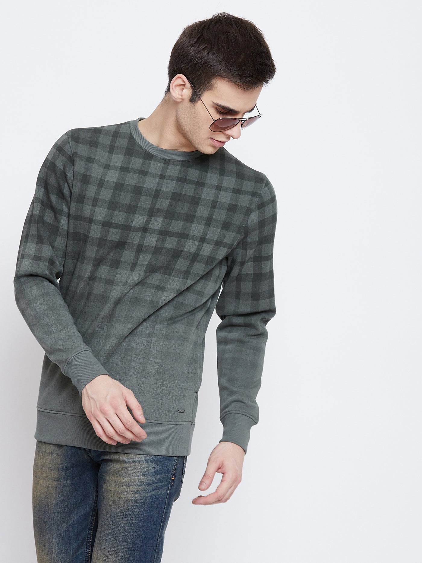 Green Checked Round Neck Sweatshirt - Men Sweatshirts