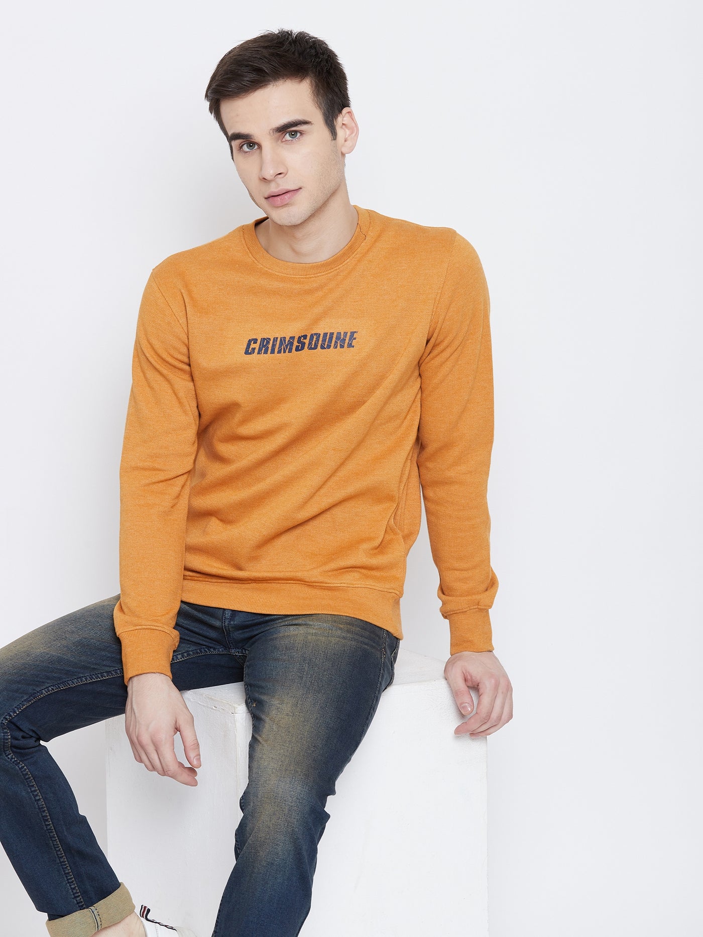 Mustard Printed Round Neck Sweatshirt - Men Sweatshirts