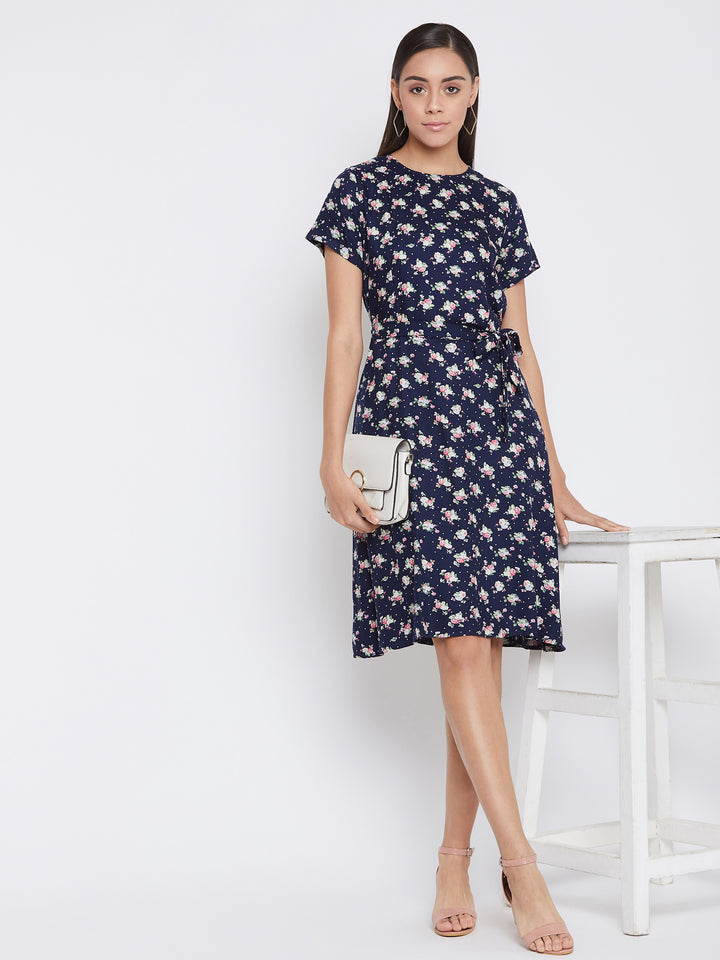 Navy Blue Floral Print Dress - Women Dresses