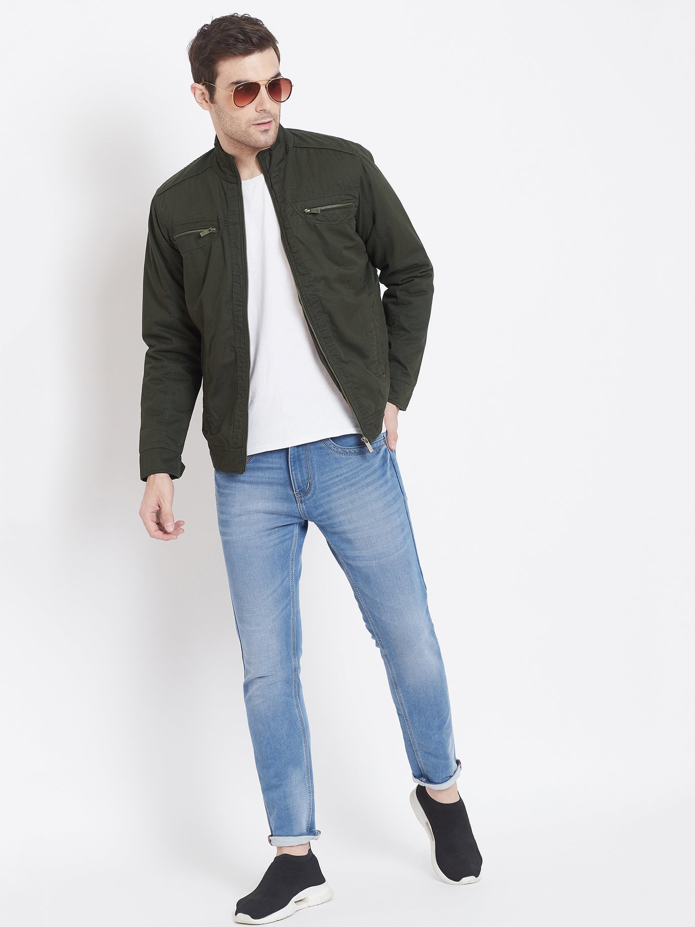 Olive Solid Mandarin Collar Jackets-Mens Jacket-Crimsoune Club