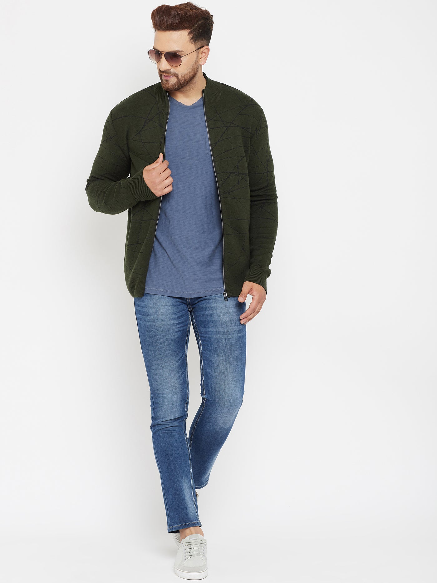 Olive Printed Zipper Sweater - Men Sweaters