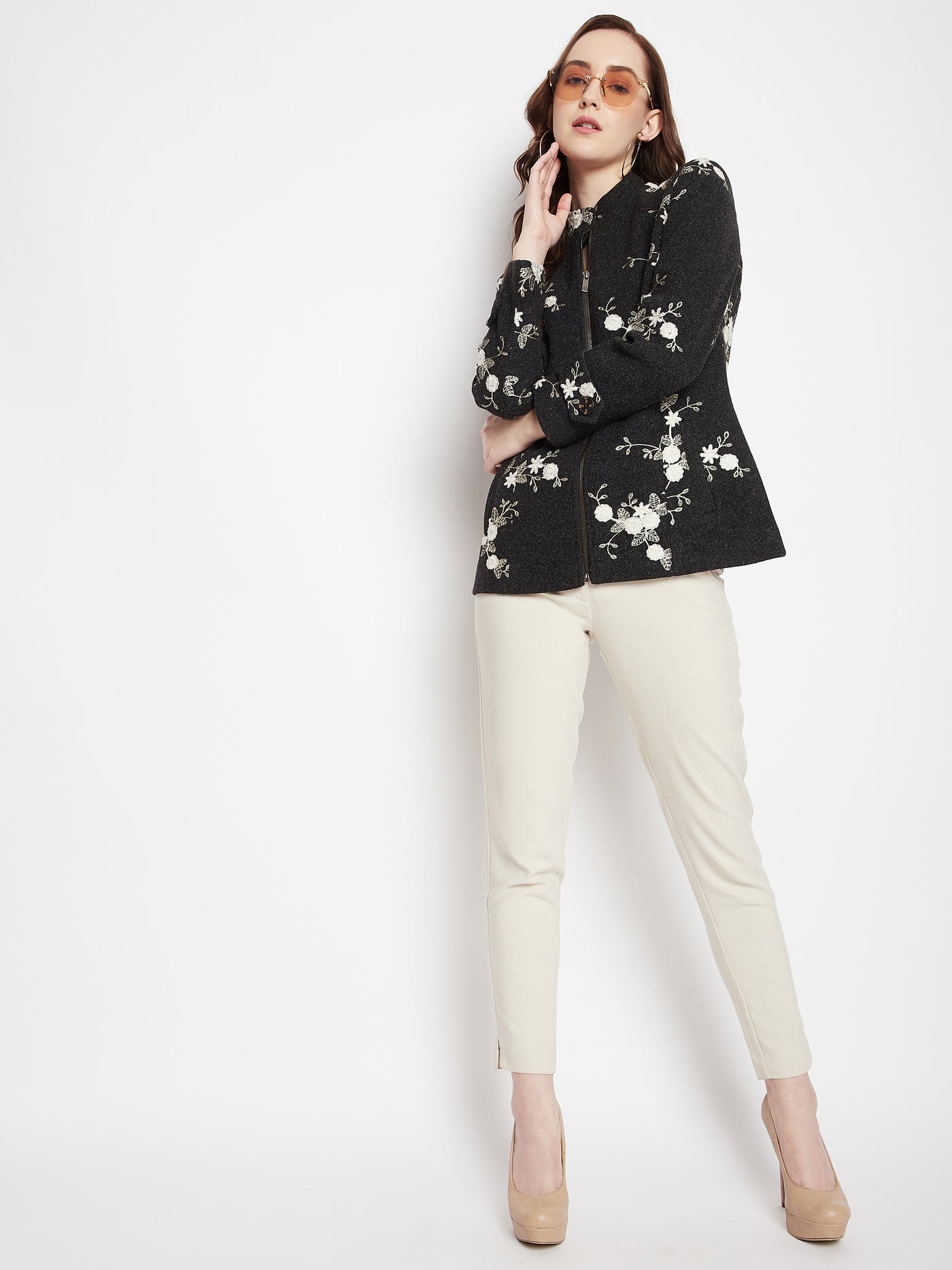 Black Embroidered Mandarin Blazer - Women Blazer