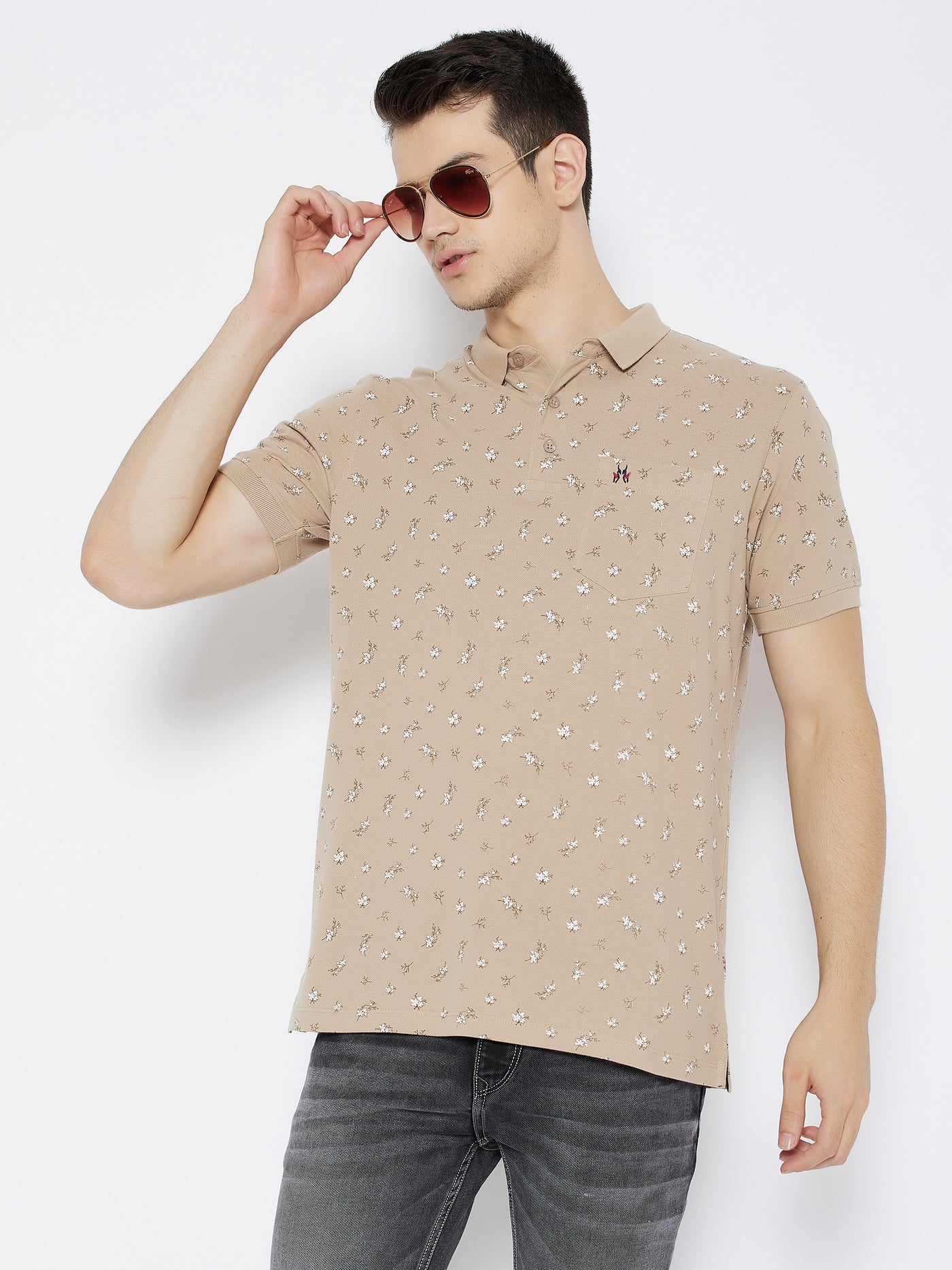 Beige Printed Polo Neck T-shirt - Men T-Shirts