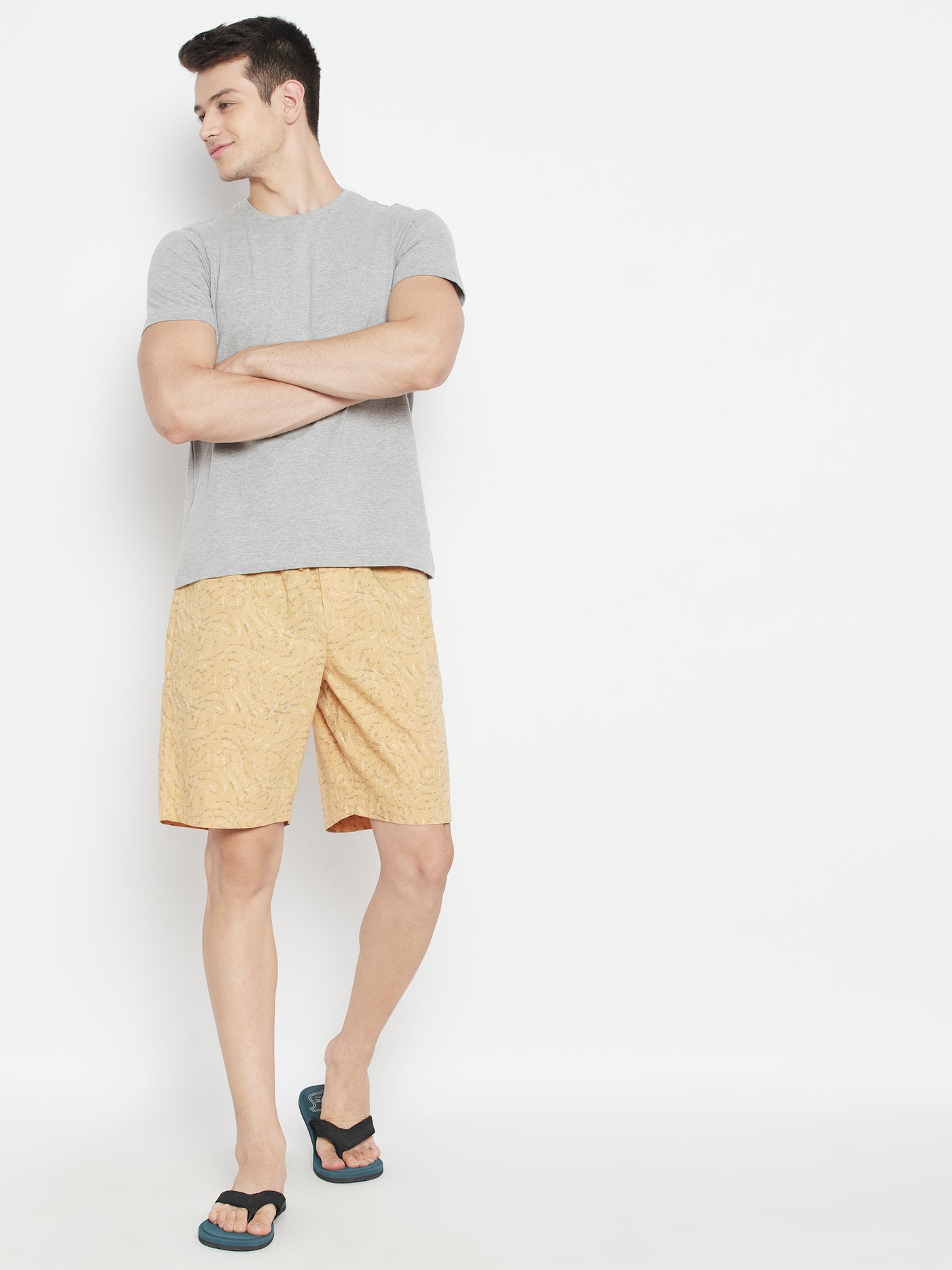 Beige Printed Slim Fit Lounge Shorts - Men Lounge Shorts