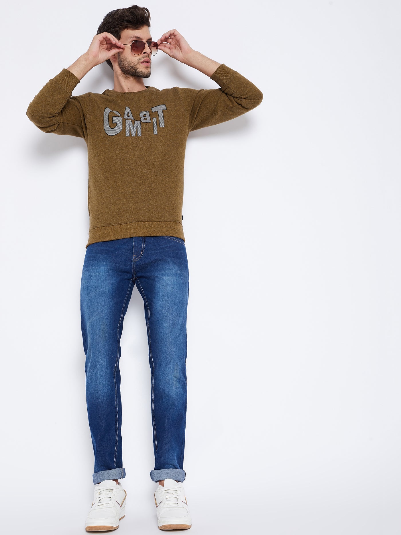 Mustard Printed Round Neck Sweatshirt - Men Sweatshirts