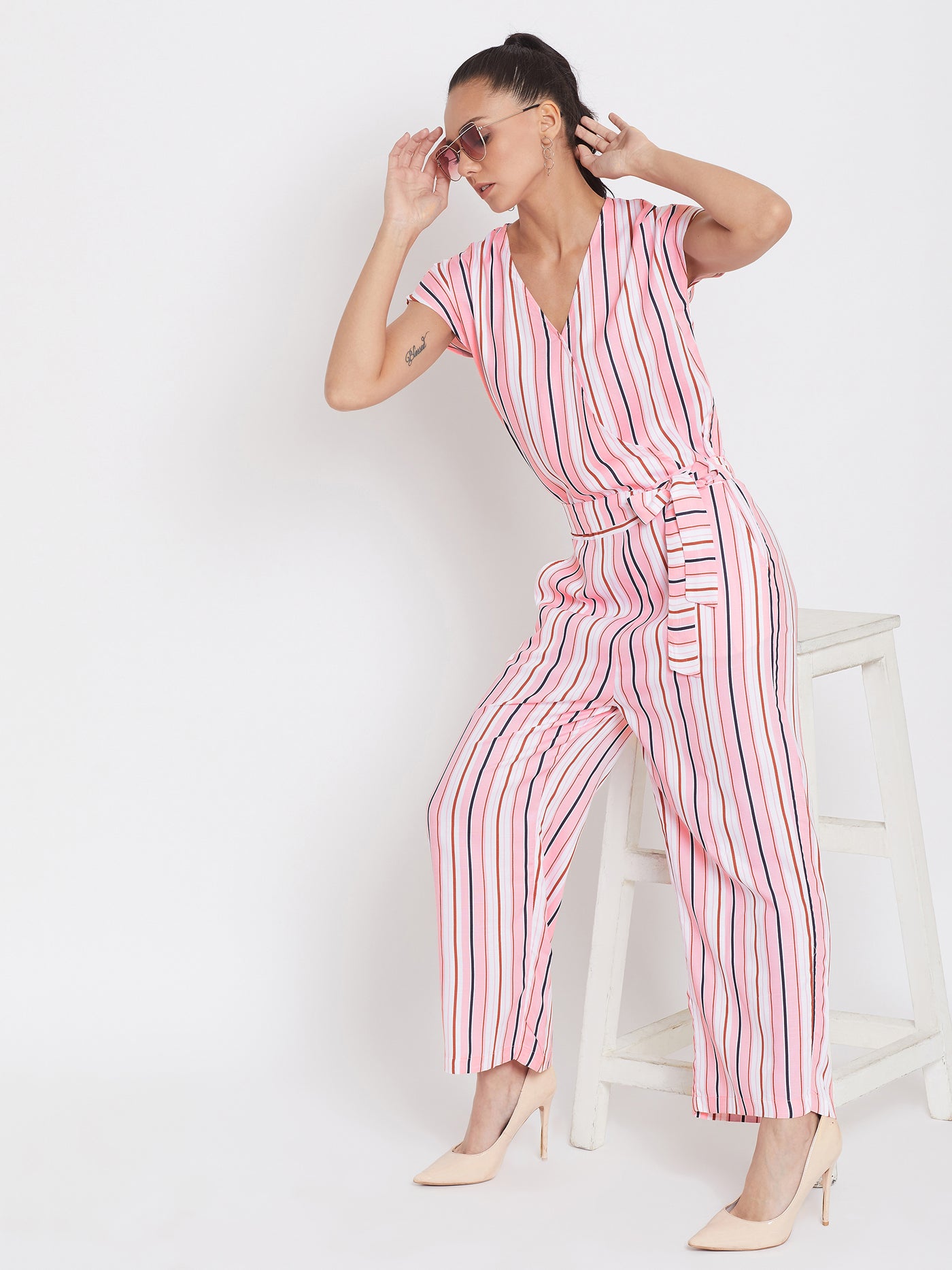 Multi Striped V-Neck Jumpsuits - Women Jumpsuits