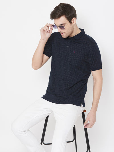 Navy Blue Printed Polo Neck T-Shirt - Men T-Shirts