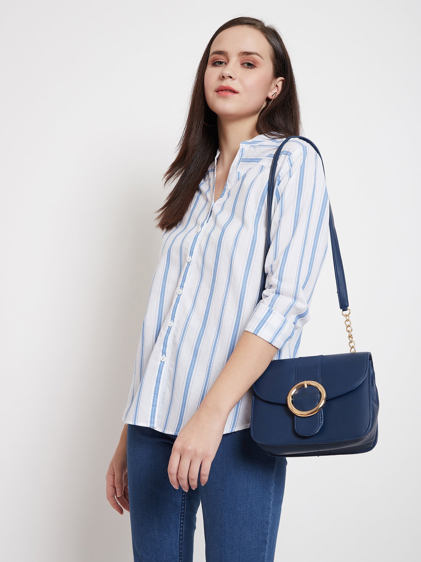 Striped Slim Fit V neck Casual Shirt - Women Shirts