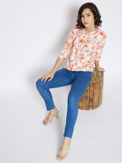 Orange Floral Printed Top - Women Tops
