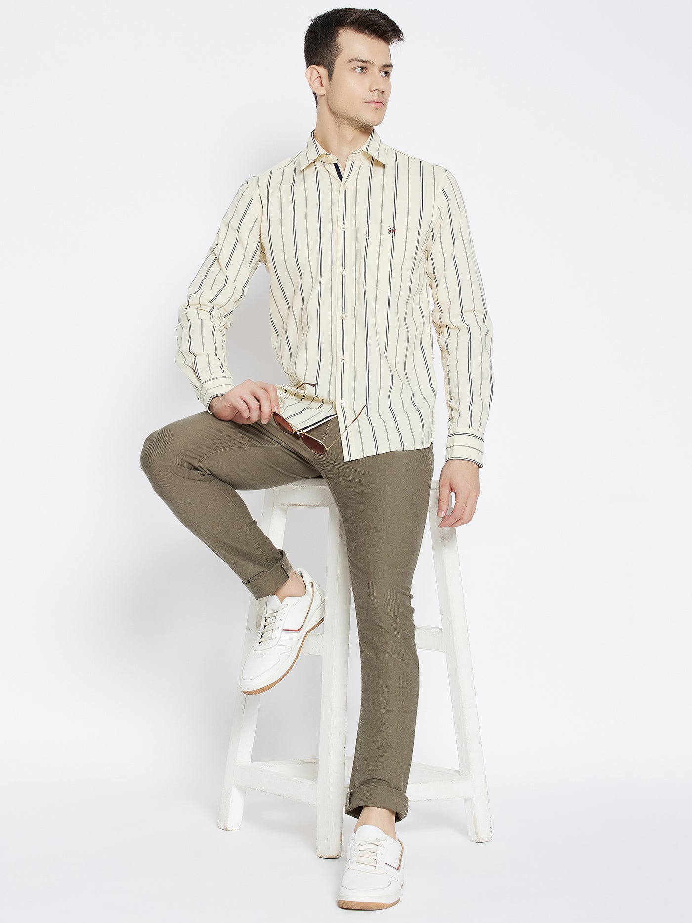 Cream Striped Slim Fit Shirt - Men Shirts