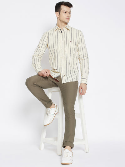 Cream Striped Slim Fit Shirt - Men Shirts