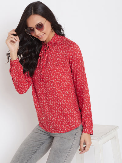 Red Printed Full Sleeves Top - Women Tops