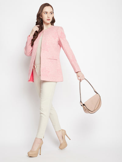 Pink Floral Round Neck Blazer-Women Blazer-Crimsoune Club