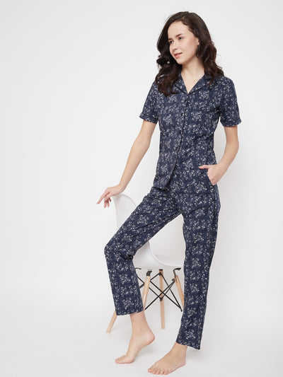 Navy Blue Printed Slim Fit Night Suits - Women Night Suits