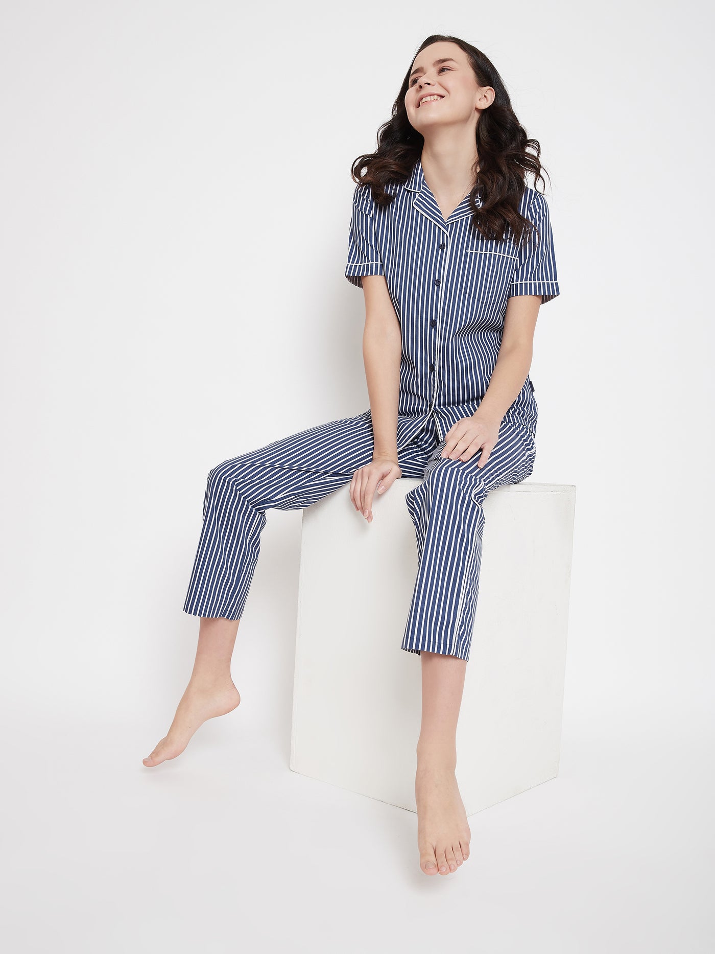 Blue Striped Slim Fit Night Suits - Women Night Suits