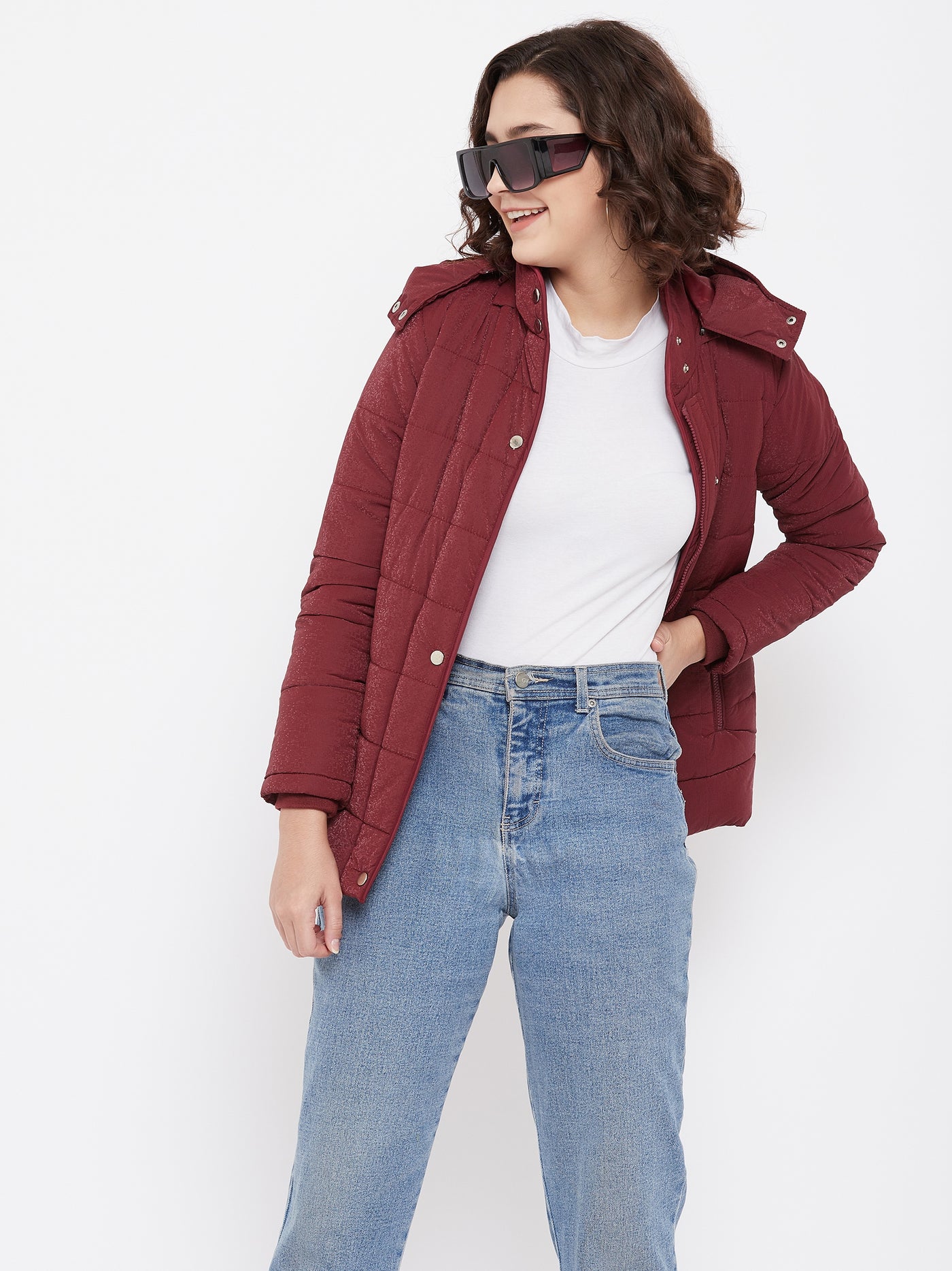 Maroon Detachable Hood Jacket - Women Jackets