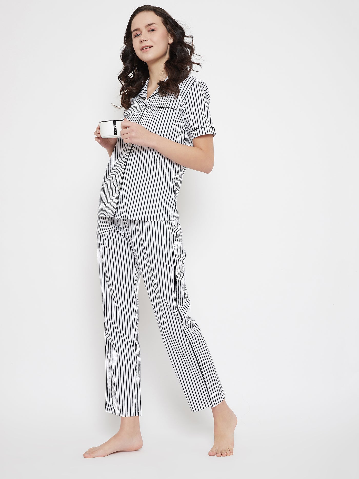 White Striped Slim Fit Night Suits - Women Night Suits